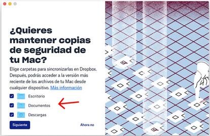 Selección de carpetas que guardar en Dropbox.