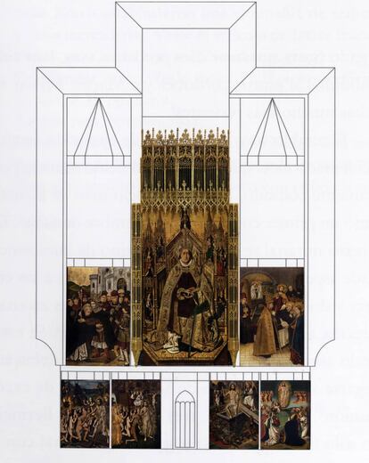 Hipòtesi de reconstrucció amb les set taules. De les tres superiors, la central i la de l'esquerra són del Prado, i la de la dreta d'una col·lecció particular, que s'exposa ara per primera vegada. Les quatre de baix són les del MNAC.