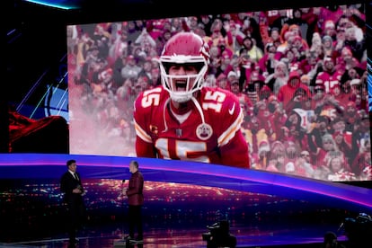 AP Most Valuable Player Kansas City Chiefs' Patrick Mahomes except his award on tape during the NFL Honors award show ahead of the Super Bowl 57 football game,Thursday, Feb. 9, 2023, in Phoenix.