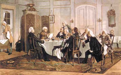 'Kant y sus camaradas en la mesa' (1900), de Emil Doerstling. Grabado en madera coloreada por Klose & Wollmerstaedt.