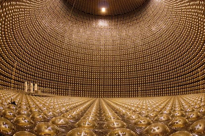 Inside the Super-Kamiokande neutrino detector built in a former mine near Hida (Japan)