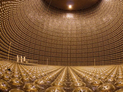 Inside the Super-Kamiokande neutrino detector built in a former mine near Hida (Japan).