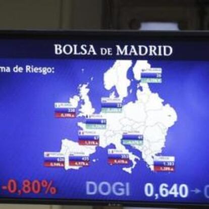 Monitor de la Bolsa de Madrid con información sobre la prima de riesgo