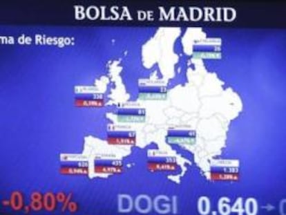 Monitor de la Bolsa de Madrid con información sobre la prima de riesgo
