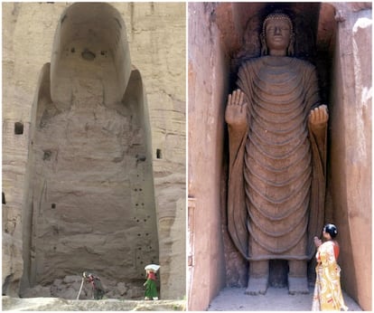 De que tesouro estamos falando. Estas soberbas representações de Buda foram esculpidas no século VI d.C. diretamente na rocha das escarpas do vale de Bamiyan (Afeganistão). Ali também moravam os monges budistas. Sabe-se que originalmente eram policromadas, mas depois perderam a pintura. Como desapareceu e por que ninguém encontrou. O que mil e quinhentos anos de história, invasões e impulsos iconoclastas não fizeram foi feito pelos talibãs neste século. Apesar das tentativas de vários órgãos —entre eles a Organização da Conferência Islâmica— para impedir, em 2001 a milícia ultraortodoxa islâmica afegã destruiu dois budas gigantes de 55 e 36,5 metros de altura com mísseis antiaéreos, minas antitanques e cargas de dinamite. Em 2013 teve início uma polêmica restauração que foi interrompida por ordem da Unesco. Segundo a Unesco, agora “o vazio é a verdadeira escultura” e é melhor deixar tudo como está. Qual o valor. Como qualquer colosso —ou mais do que qualquer outro, por estarem inevitavelmente ligados à paisagem na qual foram esculpidos— dificilmente seriam colocados à venda. À esquerda, uma imagem do buraco onde estava um dos budas de Bamiyan. À direita, uma réplica de 30 pés de altura do Buda Bamiyan construído para o aniversário de Buda em 7 de maio de 2001.