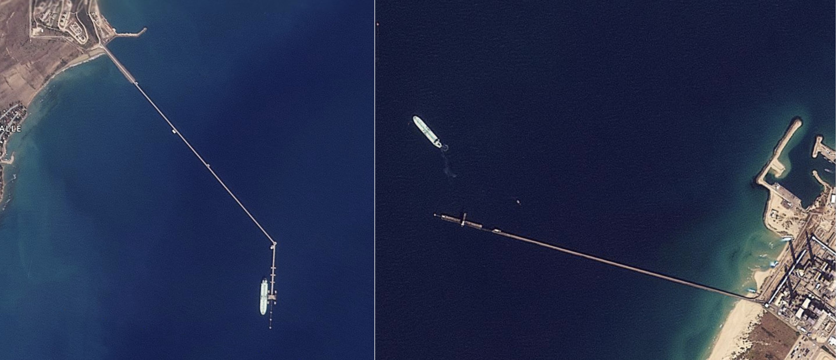 Imágenes de satélite en las que se observa al petrolero Nissos Ios cargando crudo en la terminal BTC de Ceyhan (Turquía) el pasado 20 de octubre (izquierda) y junto a la terminal EAPC del puerto de Ashkelon (Israel) el 22 de octubre (derecha), pese a haber declarado que su destino era Port Said (Egipto)