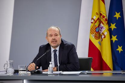 El ministro de Justicia, Juan Carlos Campo, este martes, durante su intervención en la rueda de prensa posterior al Consejo de Ministros.