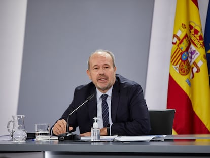 El ministro de Justicia, Juan Carlos Campo, este martes, durante su intervención en la rueda de prensa posterior al Consejo de Ministros.