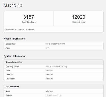 Apple MacBook Air con M3 en Geekbench