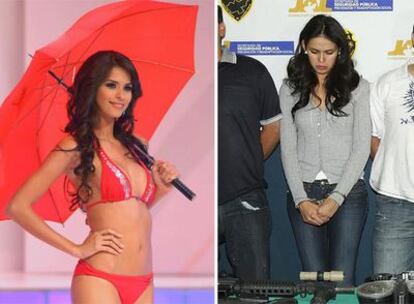 Laura Zúñiga en un concurso de belleza, a la izquierda, y tras su detención.