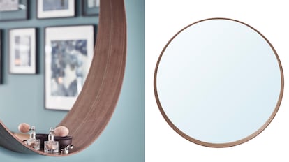 Este otro espejo tiene forma ovalada y una zona inferior donde almacenar pequeños objetos de maquillaje.
