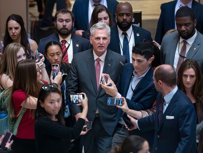 Reporters encircle Speaker of the House Kevin McCarthy, R-Calif., as debt limit negotiations continue, at the Capitol in Washington, on May 25, 2023.