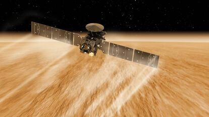 Recreación artística de la sonda ExoMars, frenando para colocarse en su órbita sobre Marte.