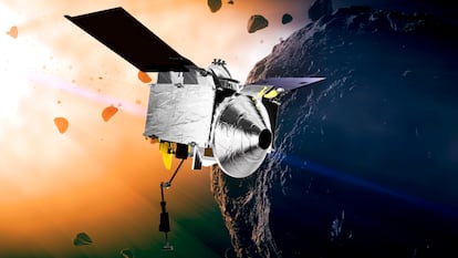 This illustration provided by NASA depicts the OSIRIS-REx spacecraft at the asteroid Bennu.