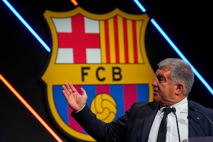 El presidente del FC Barcelona, Joan Laporta, durante su participación en el Sports Tomorrow Congress 2024, en febrero en Barcelona.