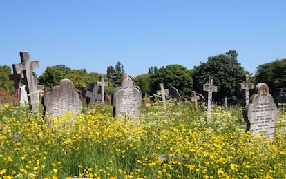 Lápidas rodeadas de flores en el cementerio de Kensal Green, en Londres (Inglaterra).