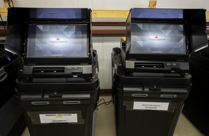 Dominion Voting ballot-counting machines are shown at a Torrance County warehouse during election equipment testing with local candidates and partisan officers in Estancia, N.M., Sept. 29, 2022.