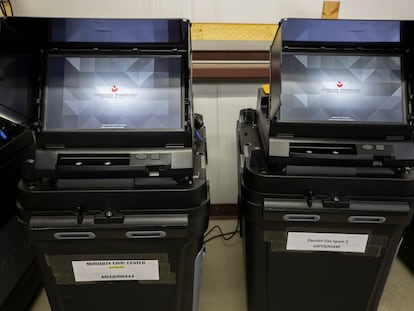 Dominion Voting ballot-counting machines are shown at a Torrance County warehouse during election equipment testing with local candidates and partisan officers in Estancia, N.M., Sept. 29, 2022.