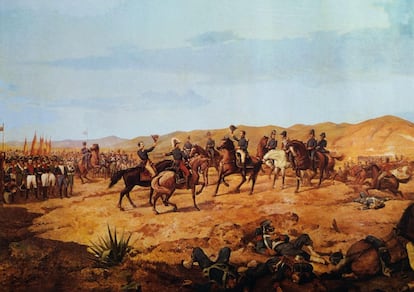 Antonio José de Sucre saluda a sus generales después de la batalla de Ayacucho, en un cuadro de MartÍn Tovar y Tovar (1827-1902).