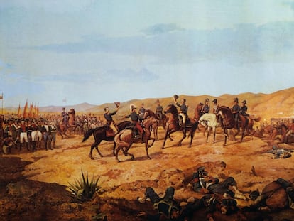 Antonio José de Sucre saluda a sus generales después de la batalla de Ayacucho, en un cuadro de MartÍn Tovar y Tovar (1827-1902).