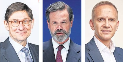 El presidente de CaixaBank, José Ignacio Goirigolzarri; el vicepresidente de Acciona, Juan Ignacio Entrecanales, y el consejero delegado de Inditex, Carlos Crespo. 