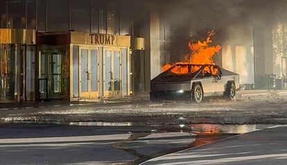 The Tesla Cybertruck, on fire after the explosion outside the Trump International Hotel in Las Vegas.