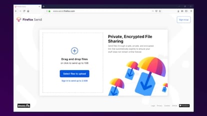 Pantalla de uso de Firefox Send.