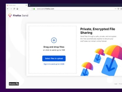Pantalla de uso de Firefox Send.
