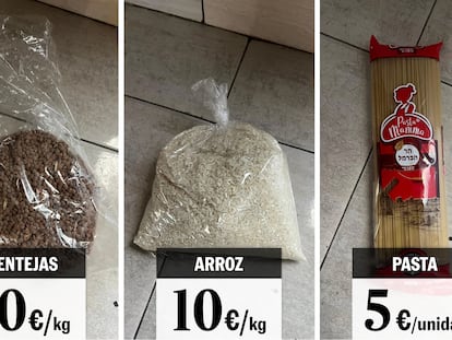 Alimentos conseguidos en un mercado informal en Gaza