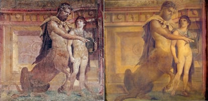 Dibujo romano que muestra al centauro Quirón con Aquiles del siglo I de nuestra era (izquierda) junto a una recreación que pintó Gustave Moreau en 1859. Museo Arqueológico Nacional, Nápoles, y Museo Gustave Moreau, París.