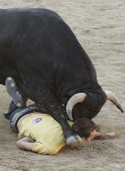 Un toro de la ganadería de Las Ramblas arremete contra un joven al término de la carrera.