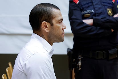 Brazil soccer player Dani Alves sits in court during the first day of his trial in Barcelona, Spain, February 5, 2024.