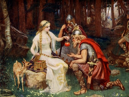 'Idun y las manzanas', 1890. Idun es la guardiana de las manzanas que dan a los dioses la eterna juventud. Ilustración de Donald A Mackenzie, 1890.