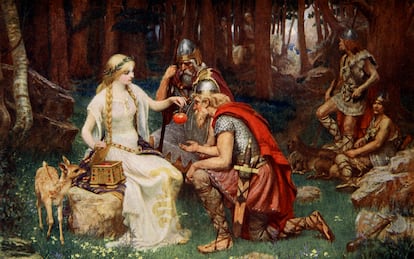 Idun y las manzanas", 1890. Idun es la guardiana de las manzanas que dan a los dioses la eterna juventud. Ilustración de Teutonic Myths and Legends de Donald A Mackenzie, 1890