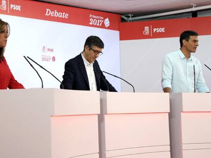 Susana Díaz, Patxi López y Pedro Sánchez en el debate electoral durante la campaña de las primarias a la secretaría general del PSOE.