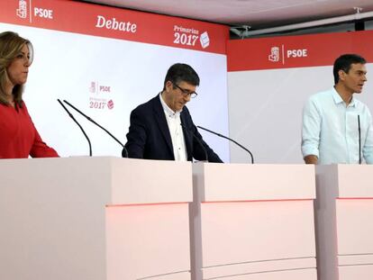 Susana Díaz, Patxi López y Pedro Sánchez en el debate electoral durante la campaña de las primarias a la secretaría general del PSOE.