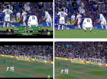 Imágenes de la señal de Canal + del partido Real Madrid-Getafe retransmitidas en directo y las mismas imágenes con el logotipo de La Sexta emitidas en el largo resumen del encuentro de esta cadena
