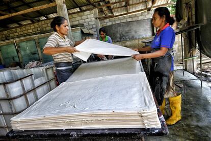 Más de 30 personas trabajan en cadena en esta fase en la que todo se hace a mano:unos cortan, otros crean pequeños detalles con moldes, otros pegan, otros juntan las piezas, otros pintan. En la imagen, dos mujeres colocan una tela entre hoja y hoja para que no se peguen entre ellas. Luego, se van apilando para posteriormente prensarlas.