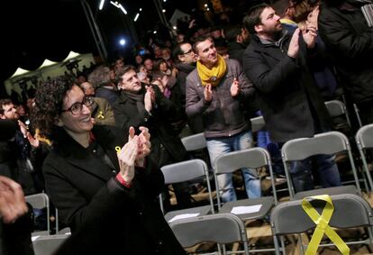 La secretaria general de ERC y número 2 en la lista electoral, Marta Rovira, a su llegada al mitin de cierre de campaña de ERC en Sant Vicenç dels Horts, localidad natal del exvicepresidente de la Generalitat, Oriol Junqueras.