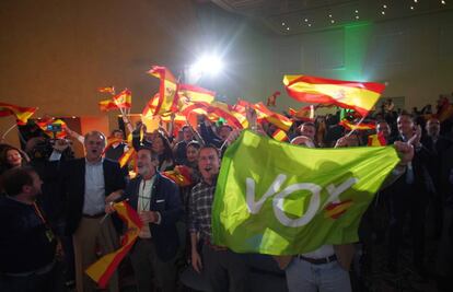 Vox supporters celebrate the election results.