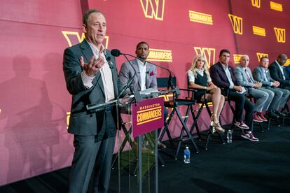 Owner of the Washington Commanders NFL team Josh Harris responds to a question from the news media during a press conference at FedEx Field in Landover, Maryland, USA, 21 July 2023.