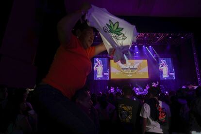 Un asistente al cierre de campaña de Máynez sostiene una bandera con una imagen de una planta de marihuana.