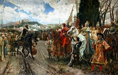 Muhammad XII, conocido por los cristianos como Boabdil el Chico, entrega las llaves de la ciudad a los Reyes Católicos, en 'La rendición de Granada' (1882), obra de Francisco Pradilla y Ortiz expuesta en el Palacio del Senado de España.