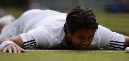 Fernando Verdasco, en el suelo tras intentar alcanzar una pelota en la red en su partido de cuartos de final contra Andy Murray.