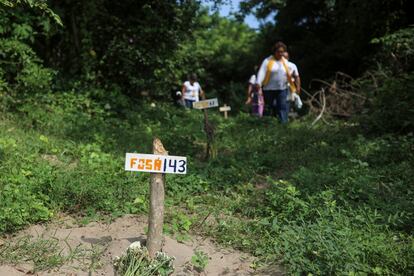 Letreros de madera marcan la zona donde se encontraron cerca de 300 fosas clandestinas en Colinas de Santa Fe, Veracruz, el 15 de octubre de 2018.