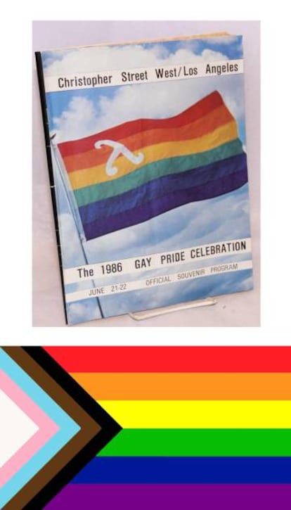 Arriba, programa de la celebración del Orgullo en junio de 1986 en Los Ángeles, con el Lambda que añadió Tom Doerr. Abajo, Bandera del Orgullo con la incorporación de los colores del Orgullo trans y la representación de la raza negra.