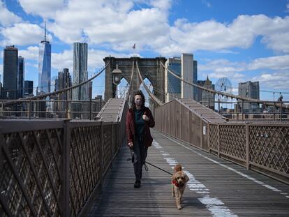 Una mujer pasea a su mascota en el puente de Brooklyn, este miércoles.