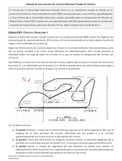 Pregunta del ejercicio piloto de Selectividad de Matemáticas.