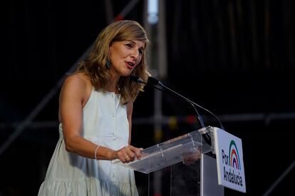 La vicepresidenta segunda del Gobierno y ministra de Trabajo y Economía Social, Yolanda Díaz, el día 11 en un acto de la campaña andaluza en Córdoba.