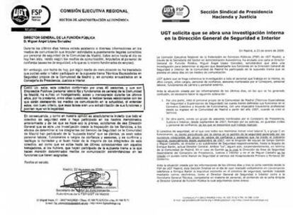 Carta de UGT al director de Función Pública (izquierda) y nota del sindicato pidiendo una investigación.